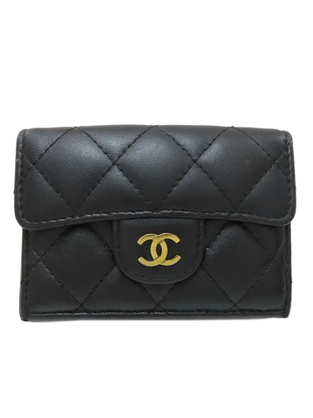 Chanel Quilted Compact Wallet Gold Trifold Lambskin